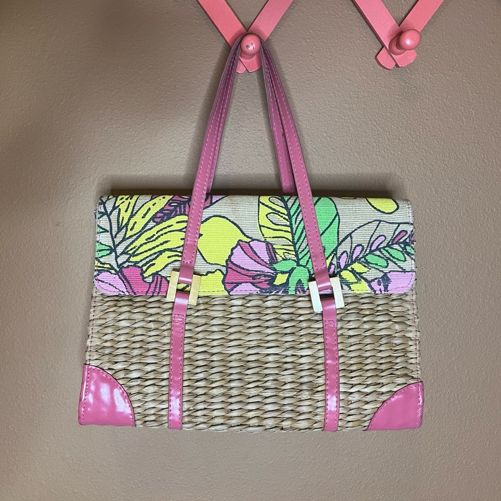 Vintage Pink Tropical Floral Basket Woven with Leather Straps